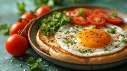  eggs, tomatoes, and parsley Tomatoes and parsley adorn the eggs
