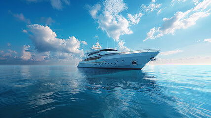Luxury yacht on calm ocean waters under clear blue skies - obrazy, fototapety, plakaty