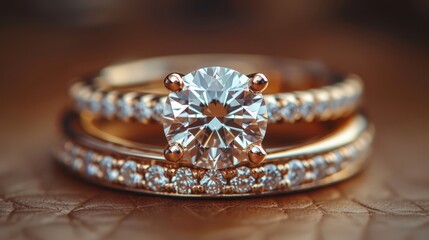   A tight shot of two interconnected rings, each featuring a diamond at its center