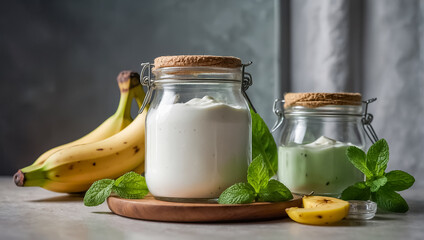 jar of yogurt with banana and fresh mint in the kitchen