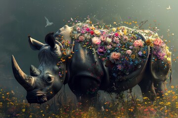   A rhino adorned with floral headwear gazes ahead, a bird soars freely in the sky above - obrazy, fototapety, plakaty