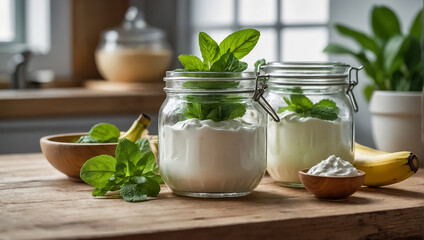 jar of yogurt with banana and fresh mint in the kitchen morning