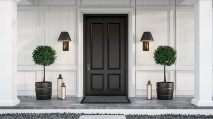 Stylish front door of modern house with white walls, door mat, trees in pots and lamps. Real estate concept.