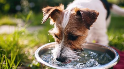 Cute pedigree smooth fox terrier dog drinks water out of outdoors bowl.