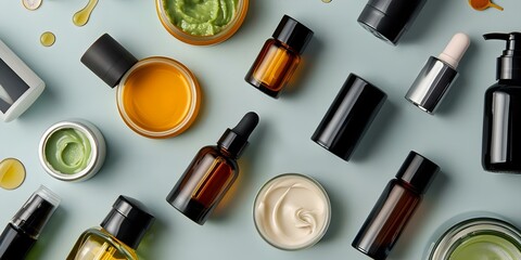 Obraz premium Skincare Product Closeup: Creams, Serums, and Oils for Your Beauty Routine. Concept Skincare Products, Closeup Photography, Beauty Routine, Creams, Serums, Oils