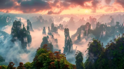 Zhangjiajie National forest park at sunset, Wulingyuan Hunan Mountain top landscape AI generated