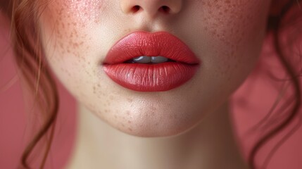 Naklejka premium A tight shot of a woman's face, adorned with freckled hair and makeup featuring subtle freckle-like patterns