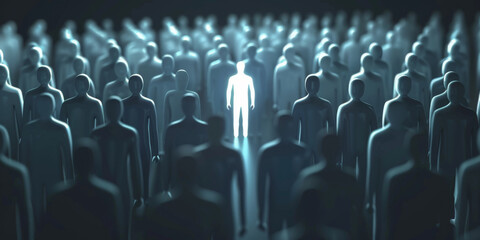 Obraz premium A person stands out from the crowd, surrounded by silhouettes of other people. Competition among staff concept.Hiring by competition among candidates.