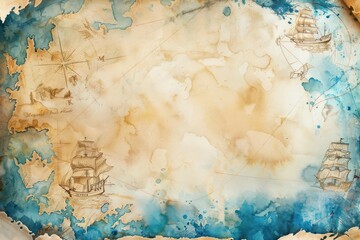 Empty antique pirate map illustration with ship drawings and watercolor sea in horizontal orientation