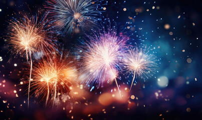 Naklejka premium Happy New Year concept, glasses with sparkling champagne, amazing fireworks backgorund