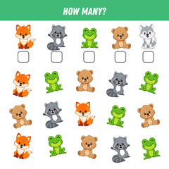 How many animals are there. Count the number of animals. Cute fox, raccoon, frog, bear, wolf. Math worksheet for kids. 