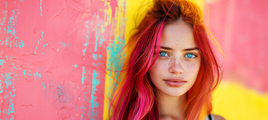 A woman with pink hair and blue eyes stands in front of a yellow and pink wall. The wall has a...