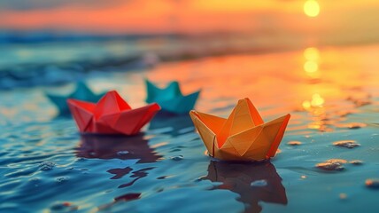 Obraz premium Colorful origami boats on a beach hinting at childhood adventures