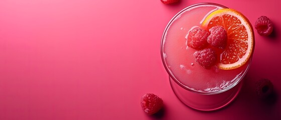   A tight shot of a glass containing a drink against a pink backdrop, garnished with a few plump raspberries - obrazy, fototapety, plakaty