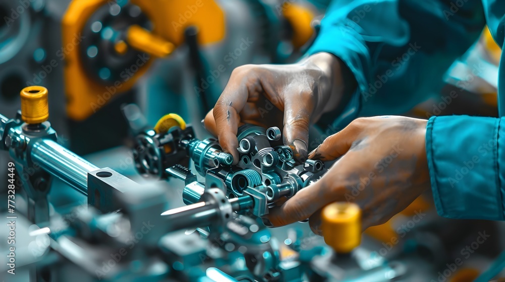 Poster diligent hands assembling precision machinery components with expert craftsmanship and attention to 