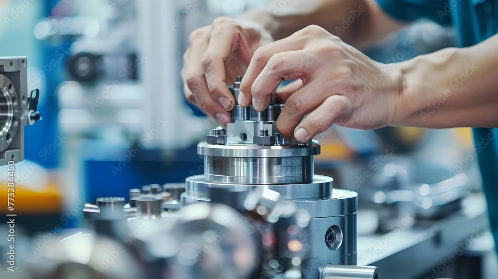 Poster precision hands assembling intricate mechanical components in a industrial setting