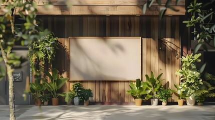 Eco-Friendly Store Front with Lush Green Plants and Wooden Signboard Bathed in Warm Sunlight