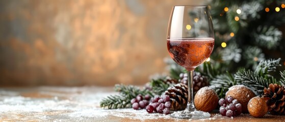  A glass of wine on a table, nearby pine cones and a Christmas tree adorned with lights