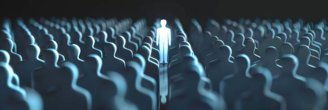 A person stands out from the crowd, surrounded by silhouettes of other people. Competition among staff concept.Hiring by competition among candidates.