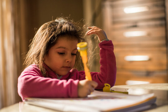 Little girl drawing and doing homerworks at home
