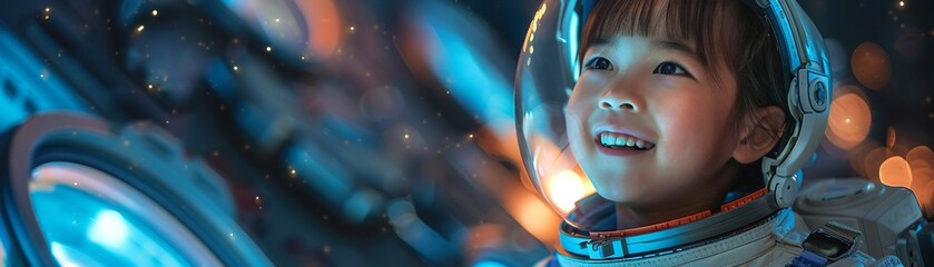 Joyful Asian child in astronaut gear, amidst space environment simulation, futuristic gear around - obrazy, fototapety, plakaty