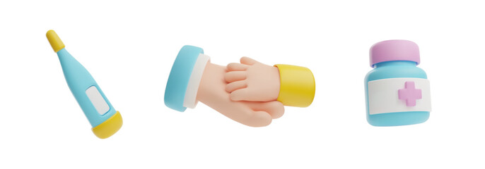 3D baby care kit - thermometer, medicines and adult support.