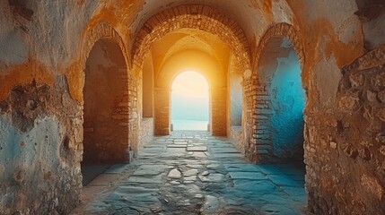   In a stone building, a tunnel ends with a brilliant light - obrazy, fototapety, plakaty