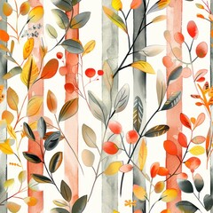 Watercolor plant motifs with vertical lines as seamless repeating pattern and white background