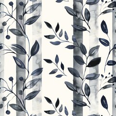 Black on white background watercolor stripes with black plant leafs as seamless repeating pattern illustration