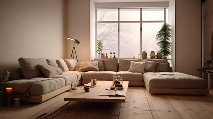 a minimalist living room with a gray sectional sofa, glass coffee table, and abstract wall art ,3d render of a contemporary living room interior. Modern scandinavian living room interior. Luxurious 
