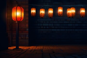 Dark street, old brick wall decorated with night lanterns. Empty street scene, neon light. Night view, blurred abstract bokeh light. Generative AI