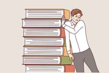 Tired business man near stack of books is experiencing difficulties due to large amount of corporate training material. Overworked guy feeling stressed after learning about importance of reading books