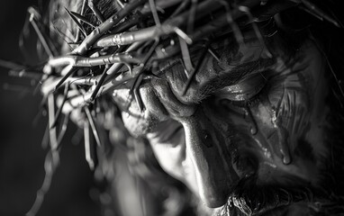 A poignant portrayal in black and white of a sculpture with a crown of thorns, reflecting a somber and contemplative emotion.