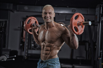 Fototapeta na wymiar Muscular man working out in gym doing exercises, strong male naked torso abs.