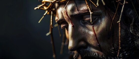 A detailed image of a man with a crown of thorns, the play of light and shadow highlighting his emotional pain and resilience.