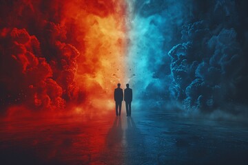 Two silhouettes facing cosmic clashing waves - obrazy, fototapety, plakaty