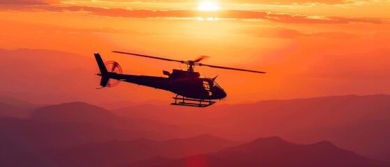 A helicopter in flight is silhouetted against a breathtaking sunset, showcasing the beauty of aviation and nature's backdrop.