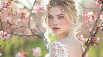 A beautiful blonde woman with spring cherry blossoms