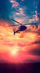 A helicopter hovers majestically against a dusk sky, its form outlined by the fading sunlight, evoking a sense of exploration.