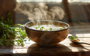 A comforting bowl of chicken bouillon steaming in a sunbathed rustic setting, garnished with fresh herbs.