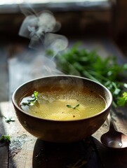 Steaming soup in a speckled bowl, sprinkled with parsley, on a weathered wooden backdrop.