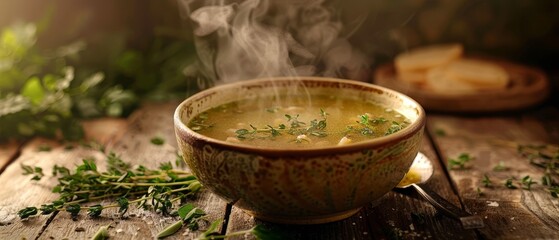 The golden hour light enhances the steam rising from a bowl of soup, surrounded by scattered herbs.