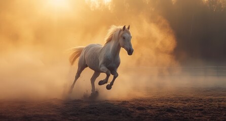 Obraz na płótnie Canvas A white horse gallops through an open field, kicking up dust Trees line the backdrop