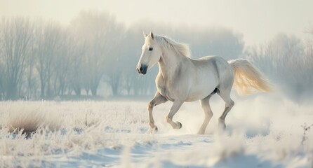 Obraz na płótnie Canvas A white horse gallops through a snowy field, trees dotting the background as a light dusting of snow covers the ground