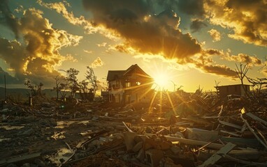Golden sunlight bathes a destroyed neighborhood, with rubble and the remnants of houses under a moody sky.