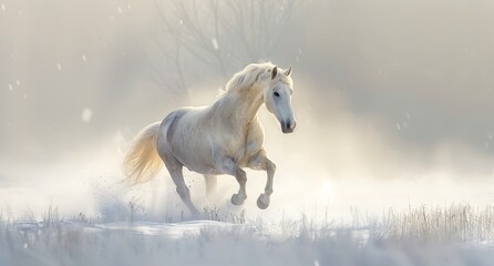 Obraz na płótnie Canvas A white horse gallops through a snow-covered field, its hooves kicking up flurries of pristine powder Trees stand tall against the winter backdrop, their branches dust
