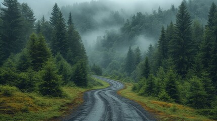   A dirt path through forest fog, bordered by trees on each side