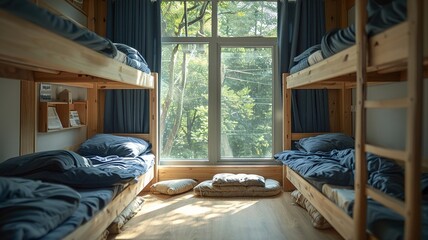 Hostel interior with navy blue bedding on wooden bunks and a bright window view