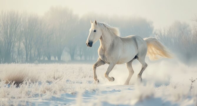   A white horse gallops through a snowy field, trees dotting the background as a light dusting of snow covers the ground