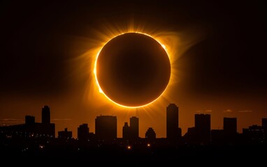 A breathtaking eclipse silhouette against a cityscape, with the corona's glow heralding a cosmic spectacle.